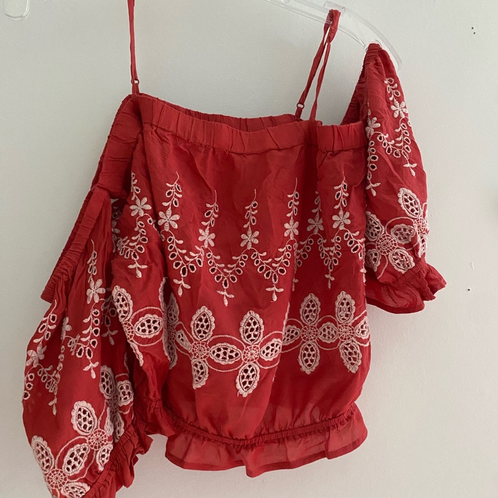 Red Embroidered Women's Top